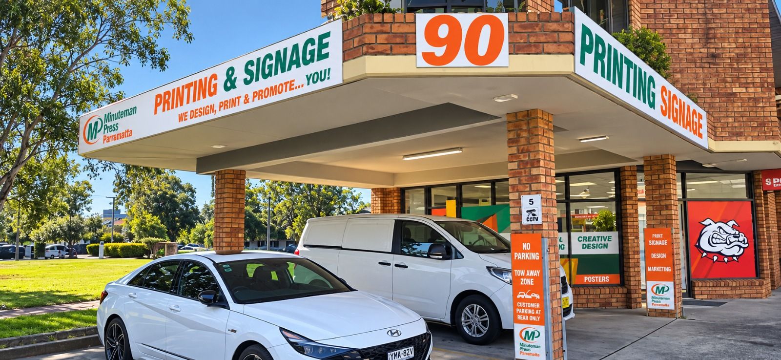 Minuteman Press Parramatta shop front at 90 Victoria Road, with printing and signage signs